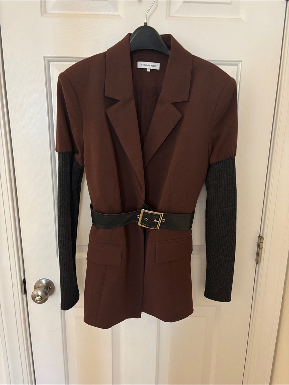 WeWoreWhat Chocolate Brown Blazer with Black Ribbed Sleeves and Belt